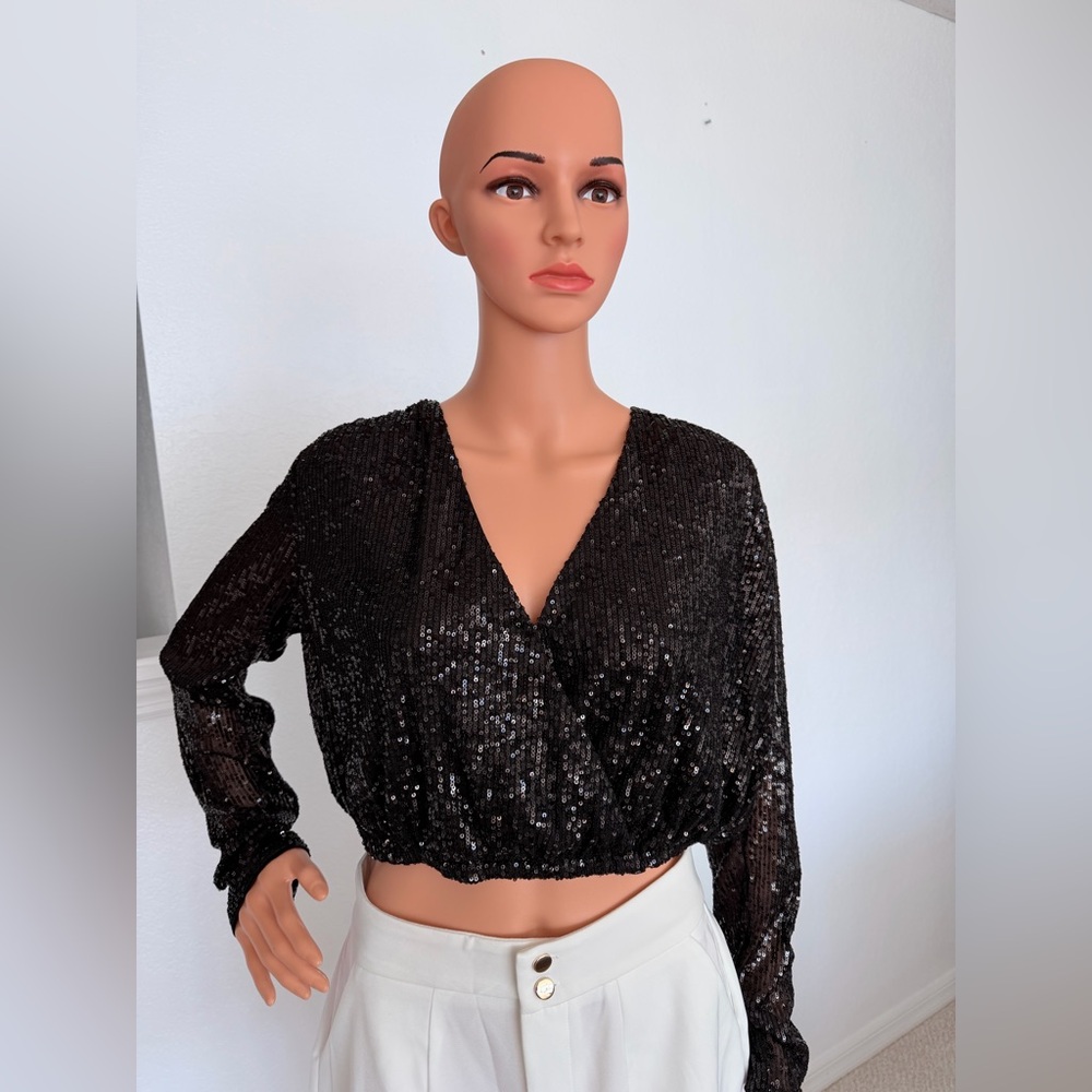 H&M Black Sequin Wrap Crop Top